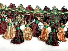 6 yards TASSEL FRINGE 3 1/2" - Red/Green/Light Peach/Black - Drapery Fabric Trim