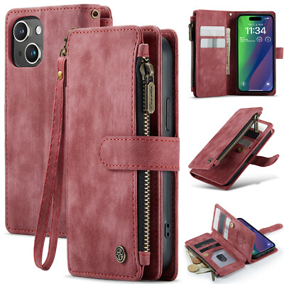 For iPhone 16 Pro Max 15 14 13 12 11 Leather Stand Zipper Wallet Case w/ Strap