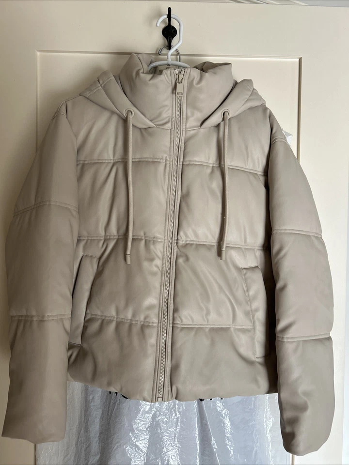 ZARA искусственной кожи с капюшоном пуховик куртка женщин S * пожалуйста, прочитайте *