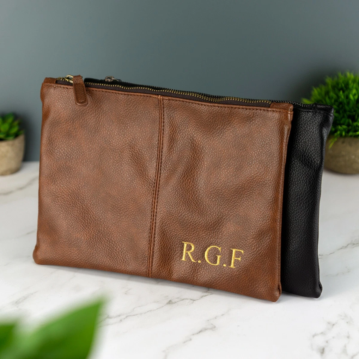 Personalised Mens Leather Accessory Pouch Bag Black or Tan Flat WASH Bag