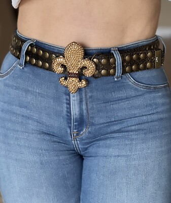 Bridget Shuster Belt Bridget Shuster Cowhide Wide Brown Belt Fleur De Lis Brass  main image 2