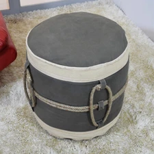 Vintage Handmade Canvas with Jute Rope Round Pouf in Green Beige Color BBH Homes