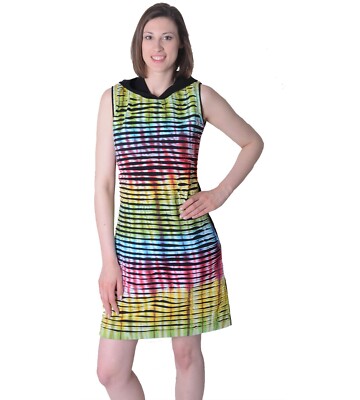 Buntes Hippie Minikleid Tunika mit Kapuze im Cutwork Design - Rainbow Style