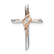 10k Two-tone Gold White & Rose Diamond Cross Chain Slide Pendant