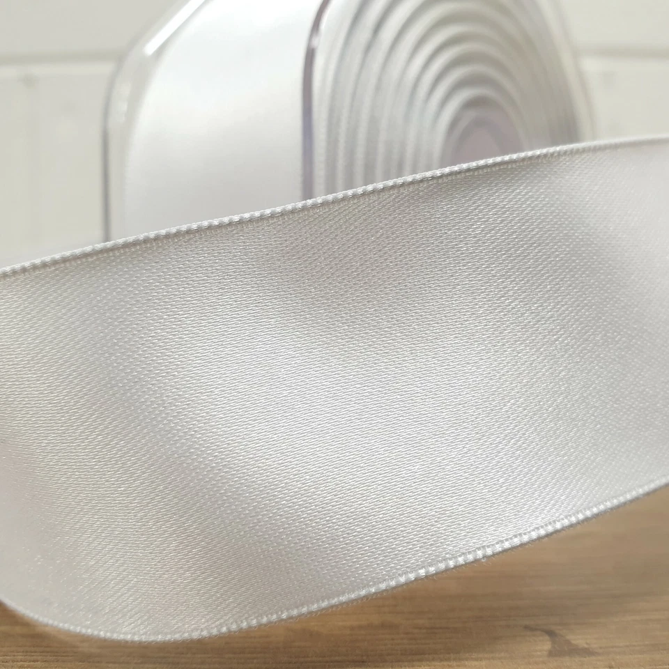Beautiful Wired Edge Double Sided Satin Ribbon White 25mm-50mm Wide Plain Per 1M