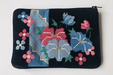 Vintage 1984 Floral Needlepoint Stitch N Zip Clutch Pouch Alice Peterson 7 x 5  