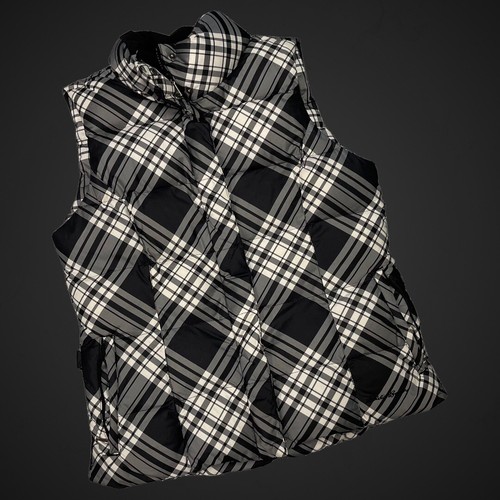Eddie Bauer Plaid Puffer Vest Full Zip Black White Small Goose Down Preppy