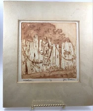 Vintage Original Etching Sepia on Watercolor Paper “Wooden” by Jan Roeder
