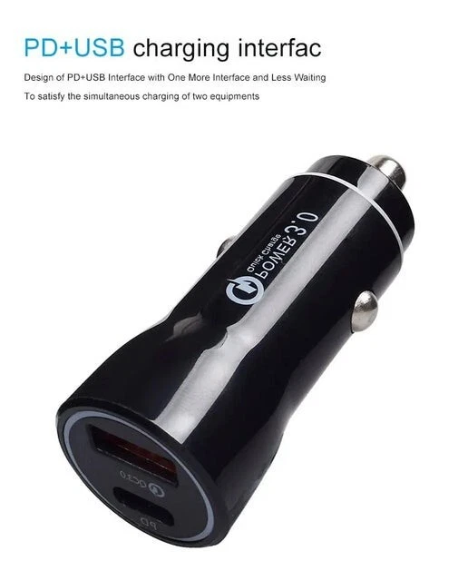 Cargador de Coche 20W PD QC 3.0 Doble Puerto Carga Rápida USB-C USB-A Cargador de Coche Foto 4 de 4