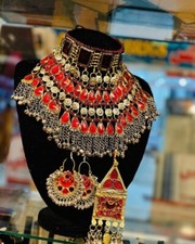 red afghan stones neckles ,earing and headpiece for bridal women