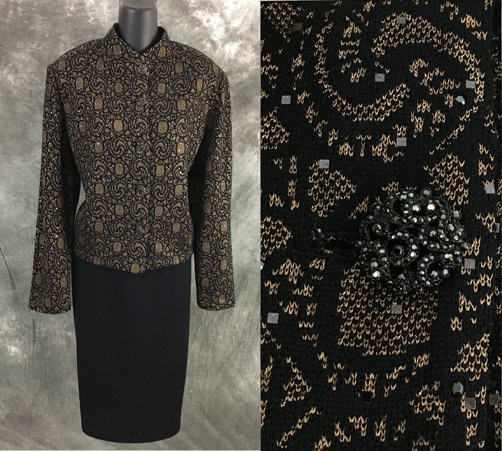 Ensemble Skirt Suit St. John Vert à Paillettes - Taille 14 - Occasion Parfait état - Tissu Knit