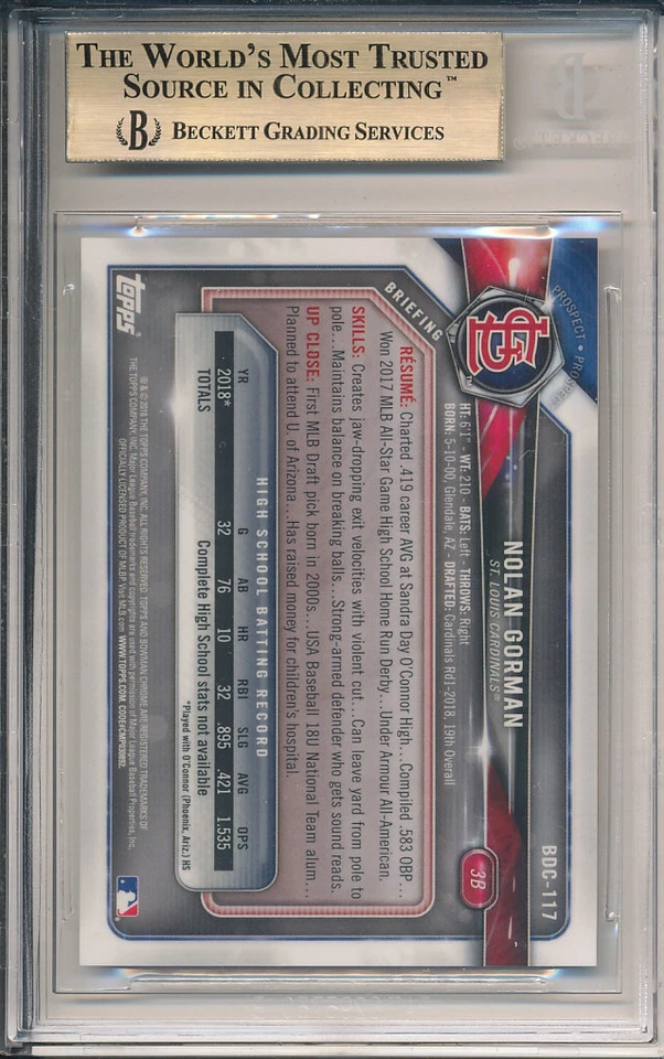 BGS 9.5 TRUE GEM MINT 2018 Bowman Chrome Draft Nolan Gorman Orange Refractor 25  - Image 2 of 2