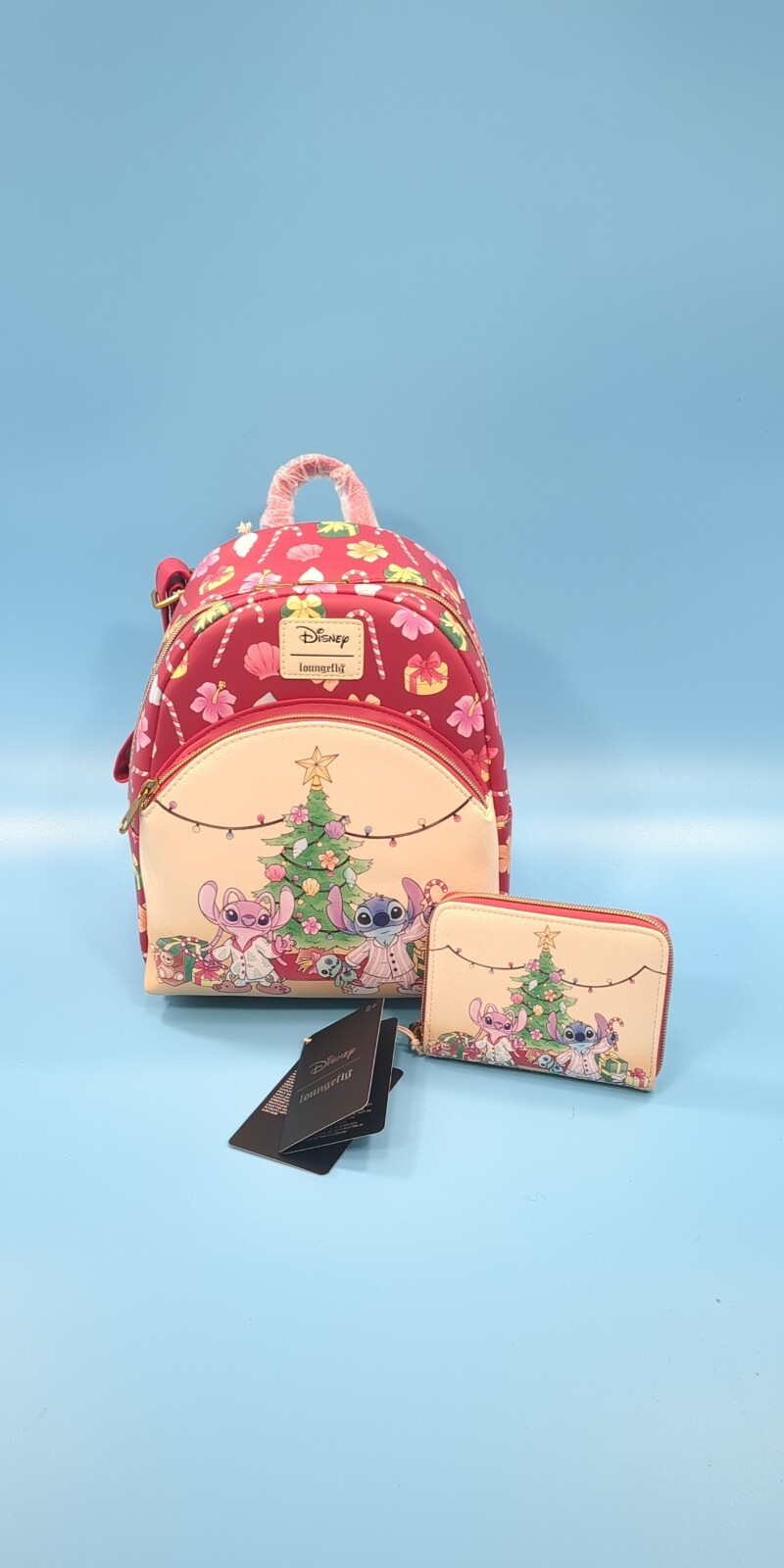 Loungefly Disney Stitch & Angel Holiday Tree Mini Backpack & Wallet Set NEW