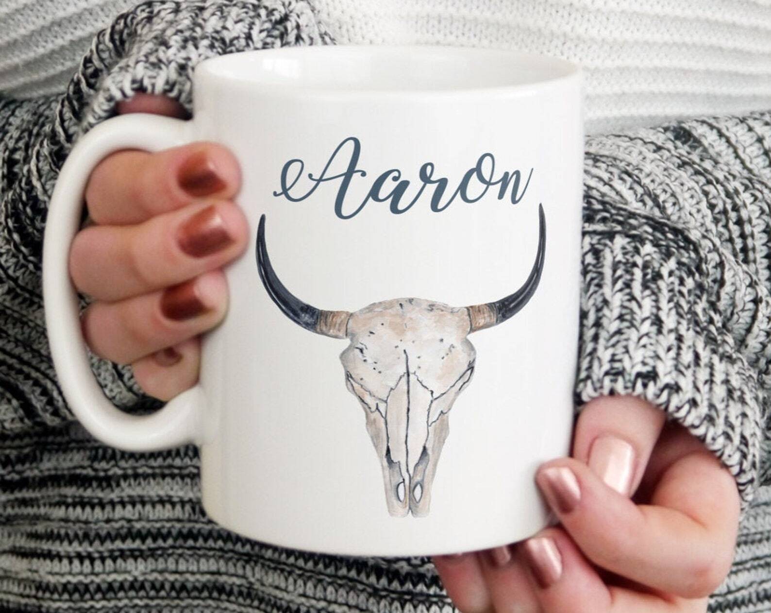 Personalised Bull Skull Mug Gift For Him Birthday Gift Personalised Mug