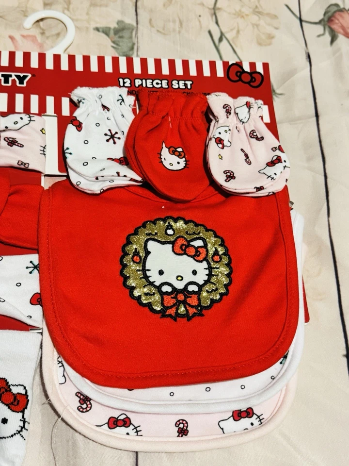 Hello Kitty Baby Juego de 12 Piezas Diademas, Mitones, Calcetines y Baberos Rojo Navidad Nuevo con Etiquetas Foto 3 de 4