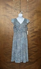 Harper Rose Sleeveless Ruffle Midi Dress Womens 14 Blue Paisley V-Neck Wedding 