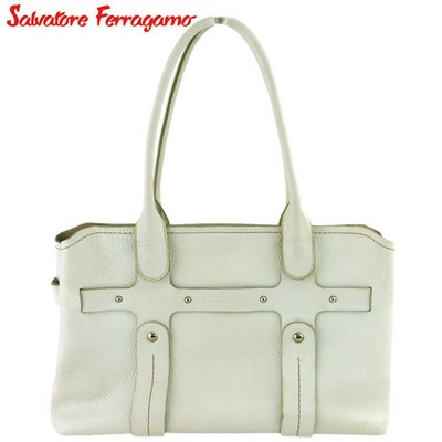 Salvatore Ferragamo White Leather Logo Tote Bag C4148 Vintage Gold HW Preowned