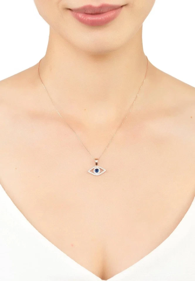 Collana Pendente Ovale In Blue Cz Con Occhio Maligno Placcato In Rosegold Regalo - Immagine 2 di 4