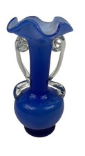 Handmade Cobalt Blue Glass Vase With Clear Swirl Handles Ruffled Rim