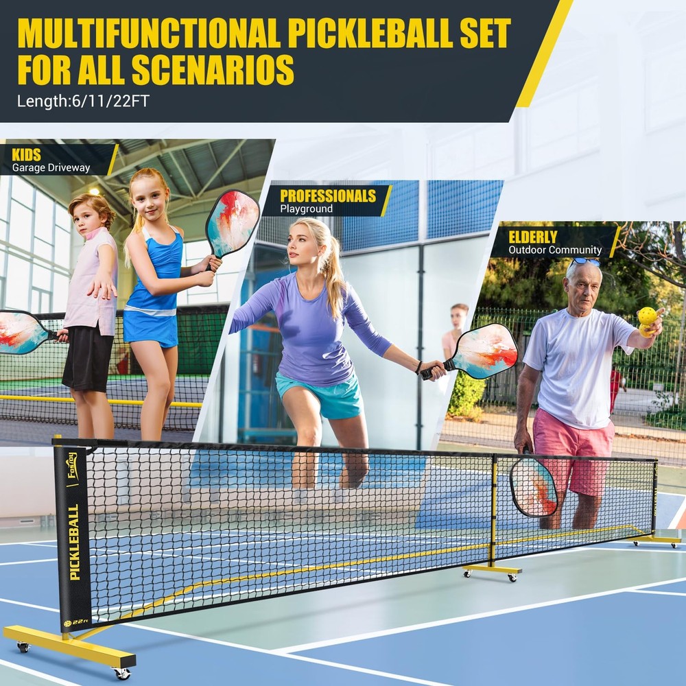 Portable 3-in-1 Pickleball Set with Net, 4 Paddles & Balls for 6FT 11FT 22FT Play Portable 3-in-1 Pickleball Set with Net, 4 Paddles & Balls for 6FT 11FT 22FT Play