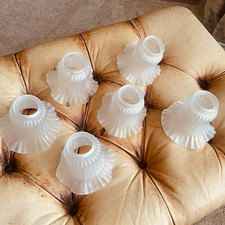 French Set 6 White Ribbed Glass Lampshades Lamp Shades with Fluted Ruffled Edge