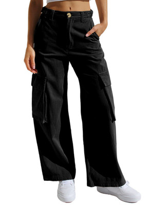Womens Cargo Denim Pants Multi Pocket Loose Straight Leg Casual Trousers