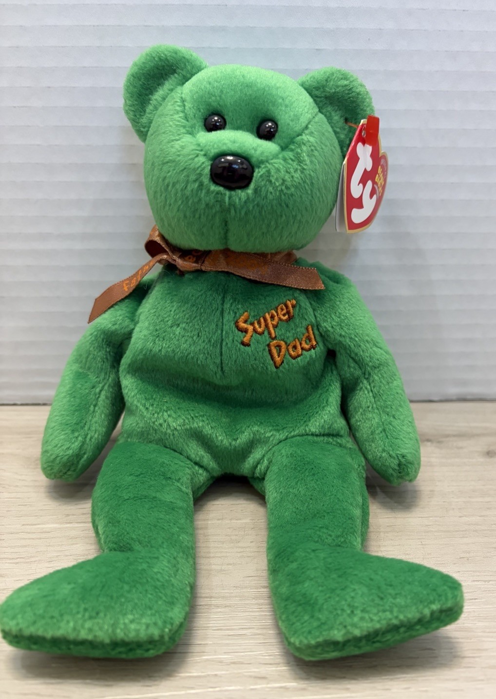 Ty ( Dad-e ) 2004 Fathers Day Green Beanie Baby Bear With Super Dad On Chest