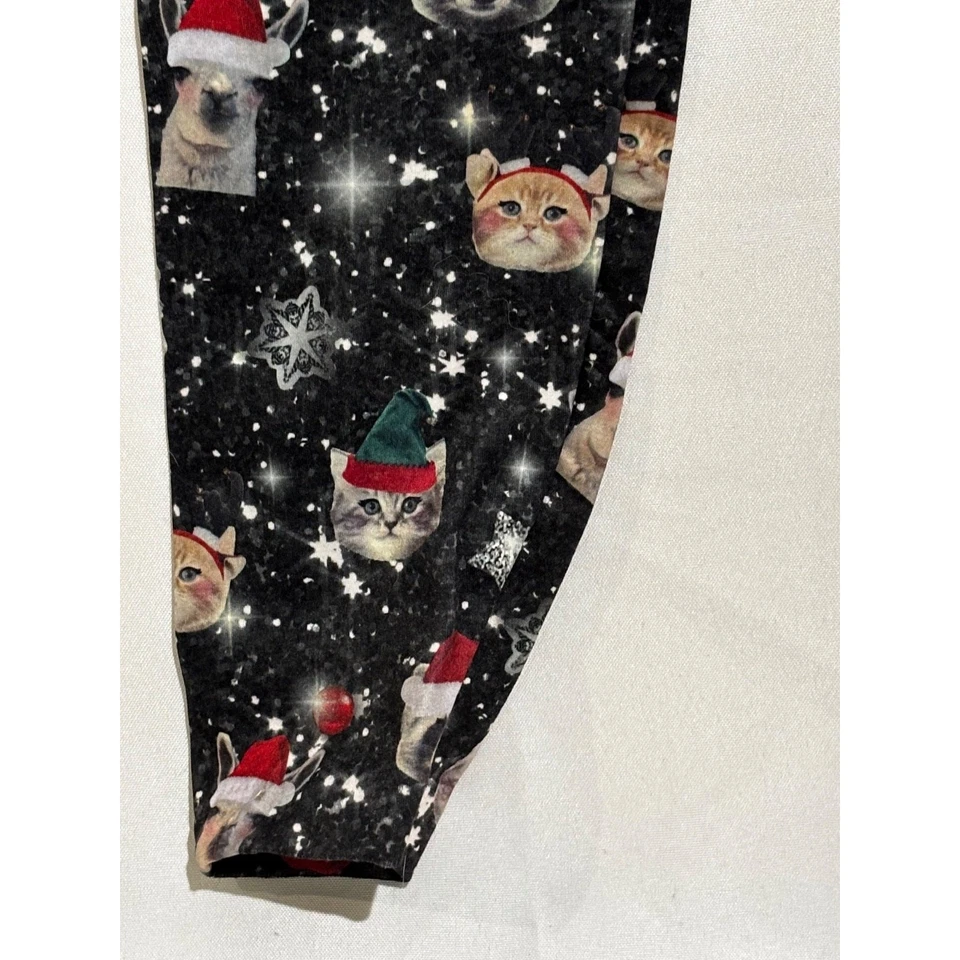 Christmas Winter Santa Cats Funny Fleece lined leggings Holiday Soft sz L/XL hip - Image 3 of 4