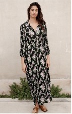 ZARA Black Floral Maxi Dress Long Sleeves Button Down Stretchy Size L EUC