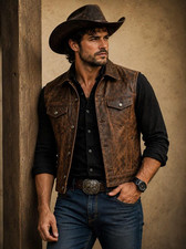 Men's Brown Genuine Lambskin Leather Vest Vintage Western Cowboy Biker Trucker