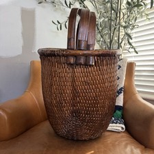 Antique Chinese Bent Handle Willow Rice Gathering Woven Fisherman Basket Vtg Lg