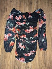 Guess Women's Small Black Floral Sheer Sleeve Ruched Mini Dress