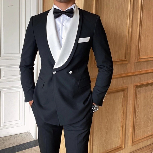Black Men Slim Fit Suit Shawl Lapel Party Dinner Prom Groom Tuxedos Wedding Suit - Picture 2 of 12