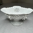 Vintage Arco white milk glass footed compote bowl with 3D grapes & leaves