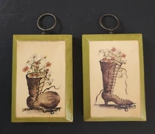 Pair VTG Mini Wood Wall Art Boot  Wild Flowers Signed  Cottagecore 1960's RETRO