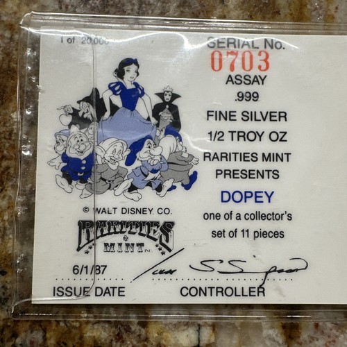 Walt Disney's Snow White 50th Anniversary "DOPEY" 1/2 troy oz .999 Silver. Low # - Picture 2 of 9