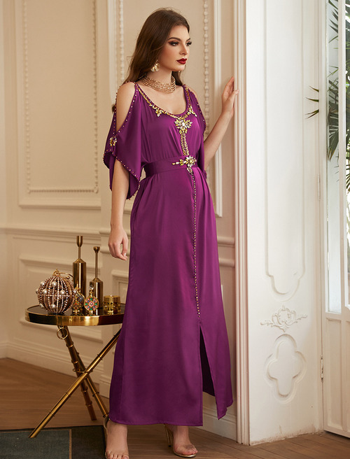 chinese dress ladies Dolly Elegant Purple Off Shoulder Short Sleeve Print Long Loose Dress-ABUELA (V) M / As Shown