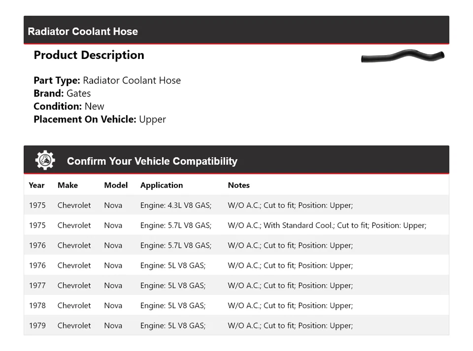 Para 1975-1979 Chevrolet Nova Radiador Líquido Refrigerante Mangueira Portões Superiores 1976 1977 1978 - Imagem 2 de 4
