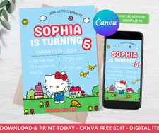 DIGITAL Hello Kitty Invitaciones de Cumpleaños, Kitty Suministros para Fiesta de Cumpleaños, Kawaii