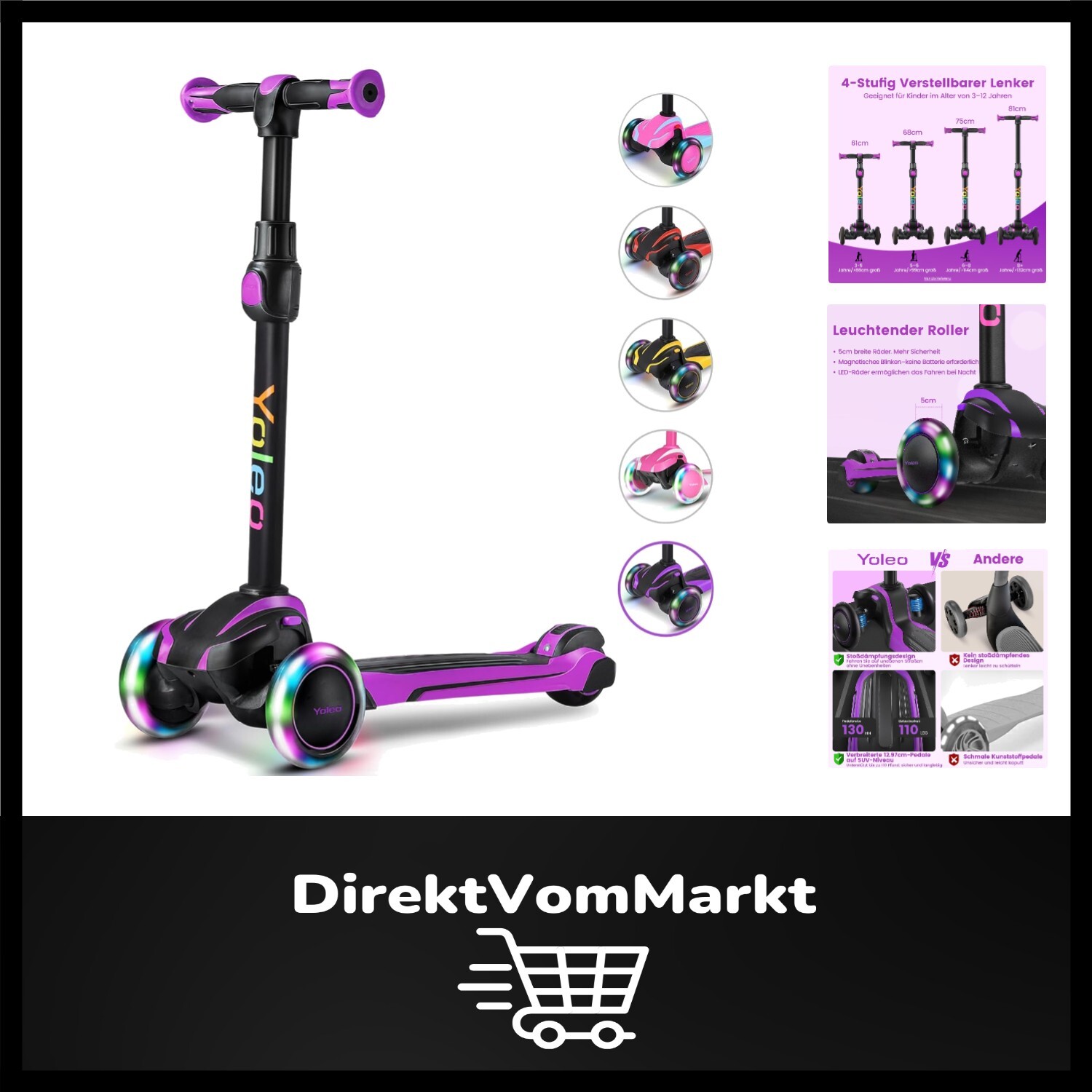 Sicherer Kinder Roller mit LED Bezeichnungen, für Jungen & Mädchen von 3-12