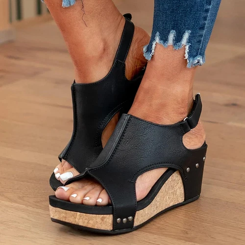 Damen-Sandalen offene Zehenpartie Keilabsatz Knöchelriemen Freizeitverschluss bequeme Schuhe - Bild 2 von 16