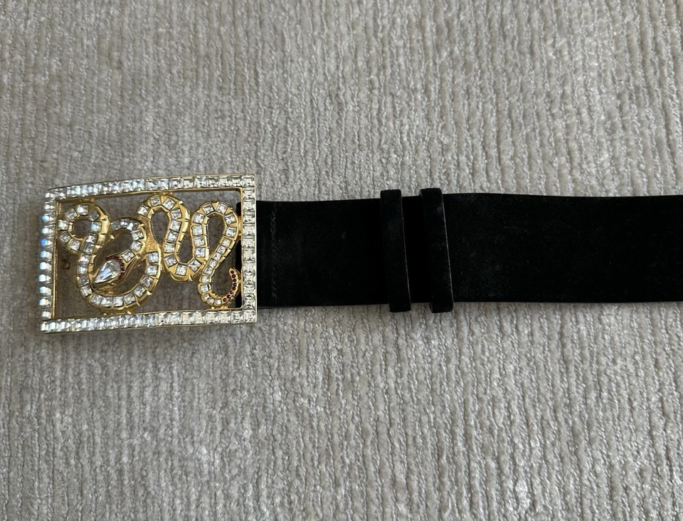 Винтажный Roberto Cavalli черный кожаный ремень замши кристалл змея размер маленький - Изображение 2 из 4