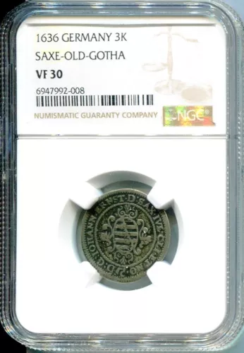 GERMANY 1636 3KREUZER SAXE-OLD GOTHA VF30 NGC RARE