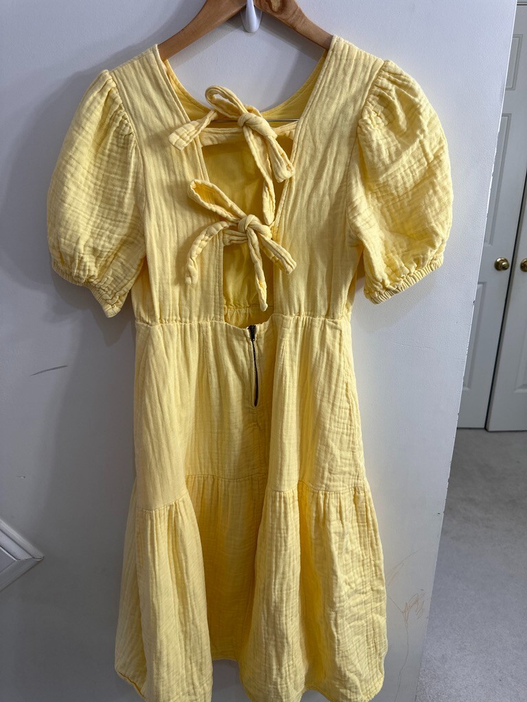 LOVE WHIT Yellow 100% Cotton Crewneck Short Sleeve Tie Back Dress Size Medium 
