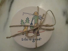 NEW "LIFE IS GOOD" SET OF 4 STONE BEIGE COASTERS DEPICTING A FISHING SCENE