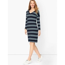 NWT Womens Size Medium T by Talbots Blue V-Neck Cotton Modal Striped Dress