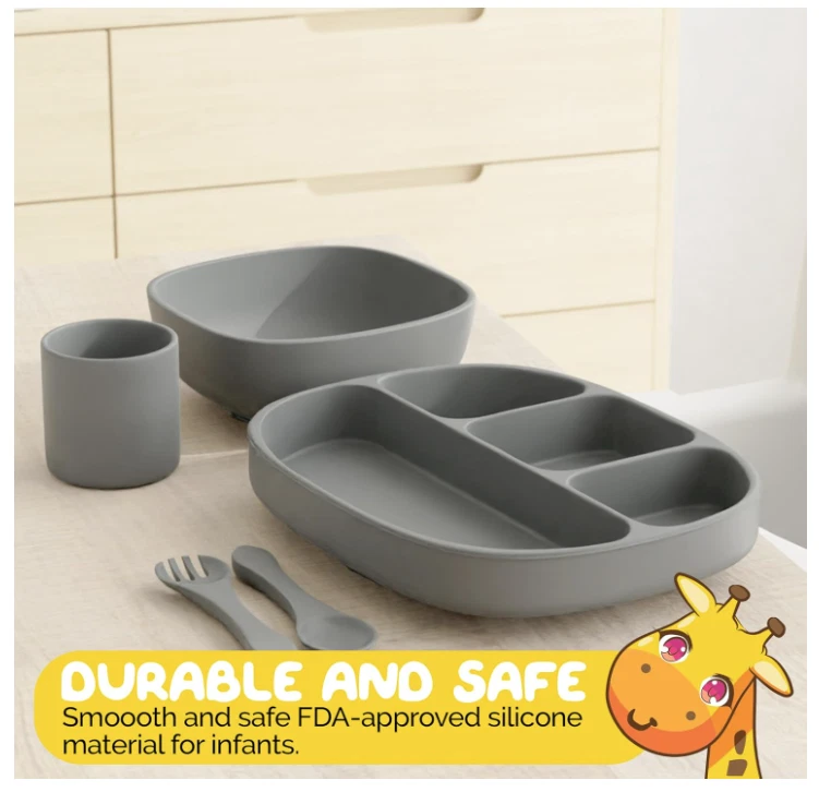 Juego de alimentación para bebé, 6 piezas - gris guijarro, ventosa, plato, babero, cuchara y tenedor Foto 3 de 4