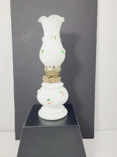 Vtg.  8" Milk Glass Mini Hurricane Oil Lamp, Porcelain Roses Adhered