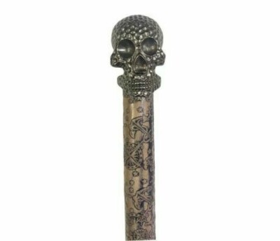 Nautical Antique Beautiful Brass Skull Handle Walking Leather Stick Design Cane