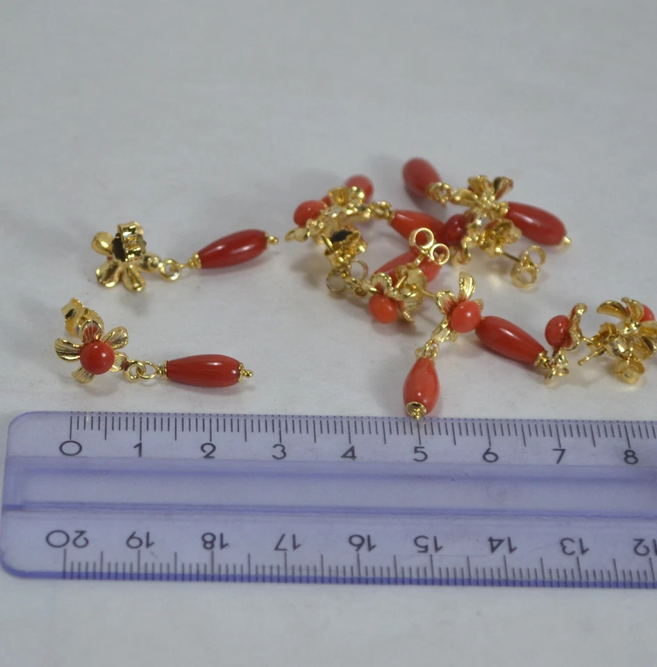 ORECCHINI ARGENTO 925 DORATO CORALLO ROSSO FIORI E PENDOLI AGHT 0910 - Immagine 3 di 3